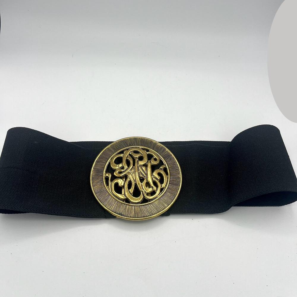 Kandell & Marcus Vintage Black Elastic Belt Gold Scroll Filigree Buckle S M USA